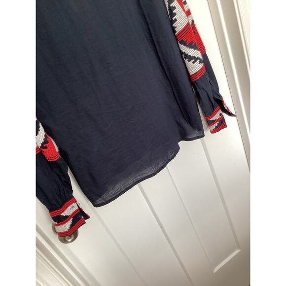 Zara embroidered tassel ties nautical Navy boho top blouse size medium vacation - Picture 7 of 10